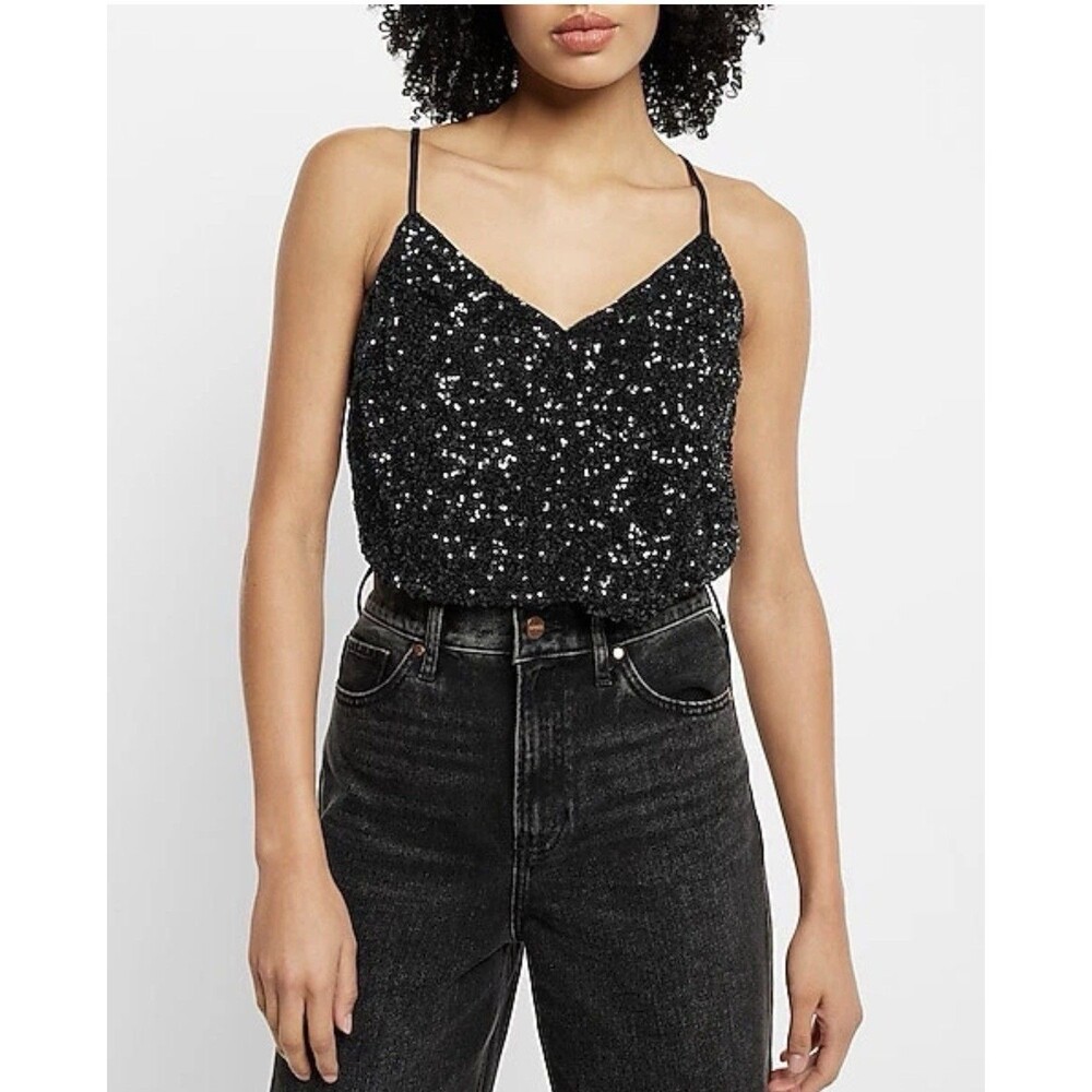 NWT Express Sequin Faux-Wrap Cami Bodysuit, Black, Women's Size Medium